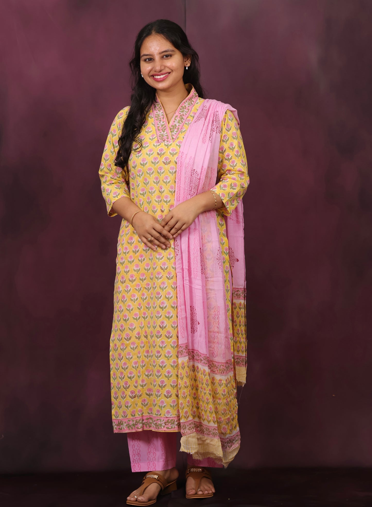 Yellow And Pink Handblock printed Pure Mul Cotton with Chiffon Dupatta 3 piece suit (stitched)