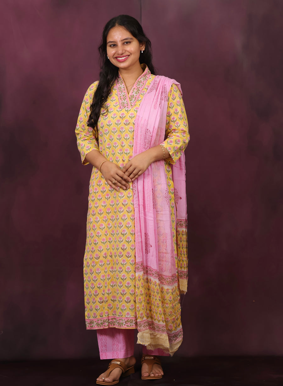 Yellow And Pink Handblock printed Pure Mul Cotton with Chiffon Dupatta 3 piece suit (stitched)