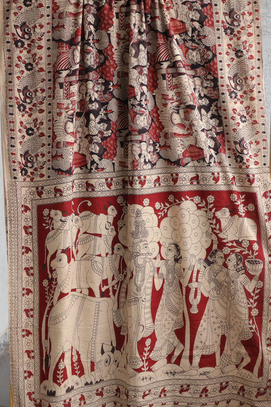 Black & Red Figure Kalamkari Cotton Saree