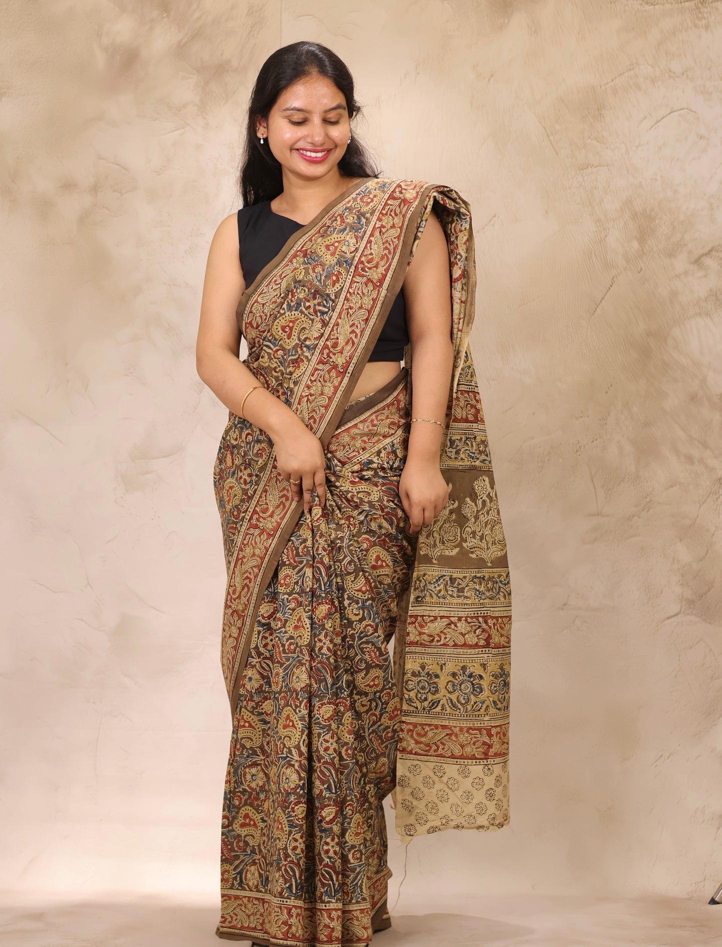 Mehndi Green Hand Block Printed Kalamkari Cotton Saree | Looms & Tassels