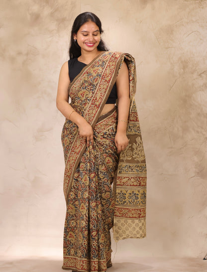 Mehndi Green Hand Block Printed Kalamkari Cotton Saree | Looms & Tassels