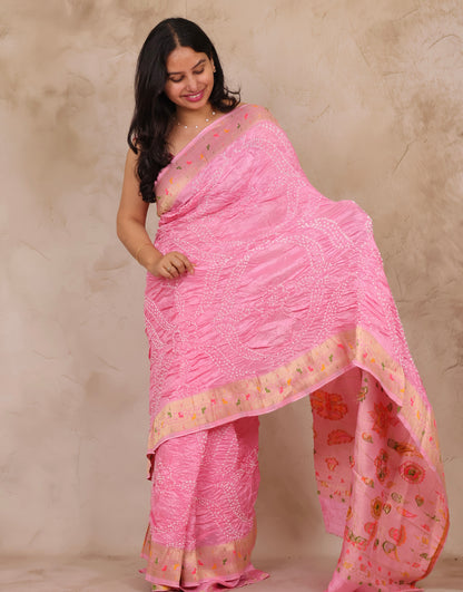 Baby Pink Handcrafted Pattern Bandhani Paithani Dola Silk Saree | Looms & Tassels