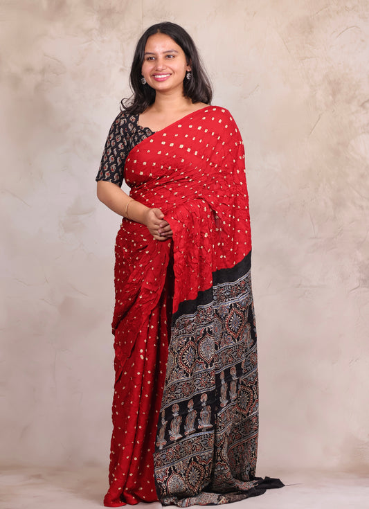 Red Hand Knotted Bandhej Modal Silk Saree with Ajrakh Pallu | Looms & Tassels