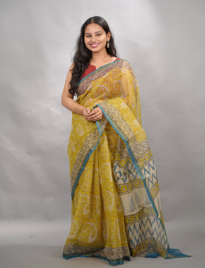 Yellow Pure Kota Doria Saree with Bagru Handblock Prints | Looms & Tassels