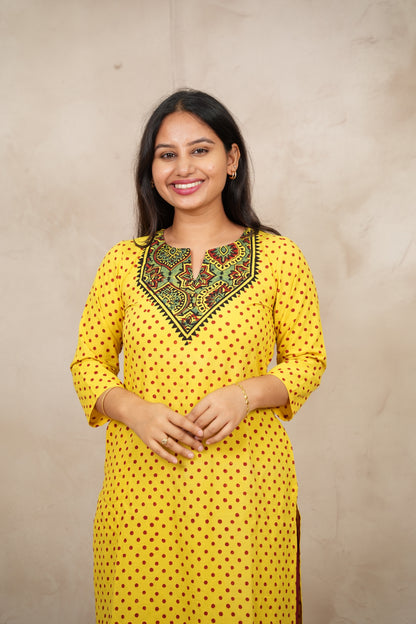 Yellow Ajrakh Pattern Hand Block printed Kurti | Looms & Tassels
