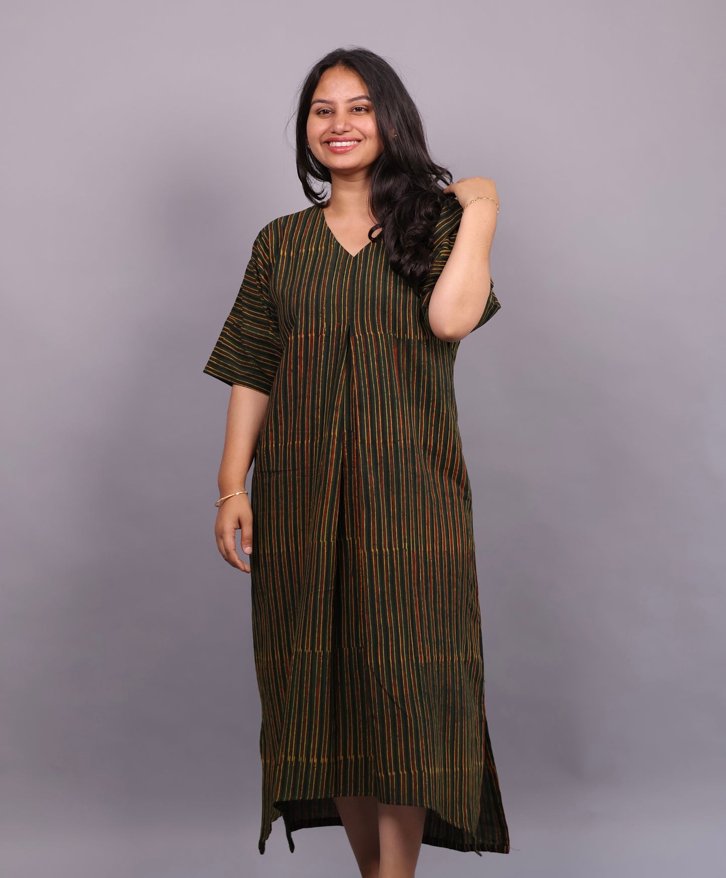 Green Ajrakh Handblock Printed Cotton Kaftan – Elegant & Breathable Ethnic Wear | Looms & Tassels