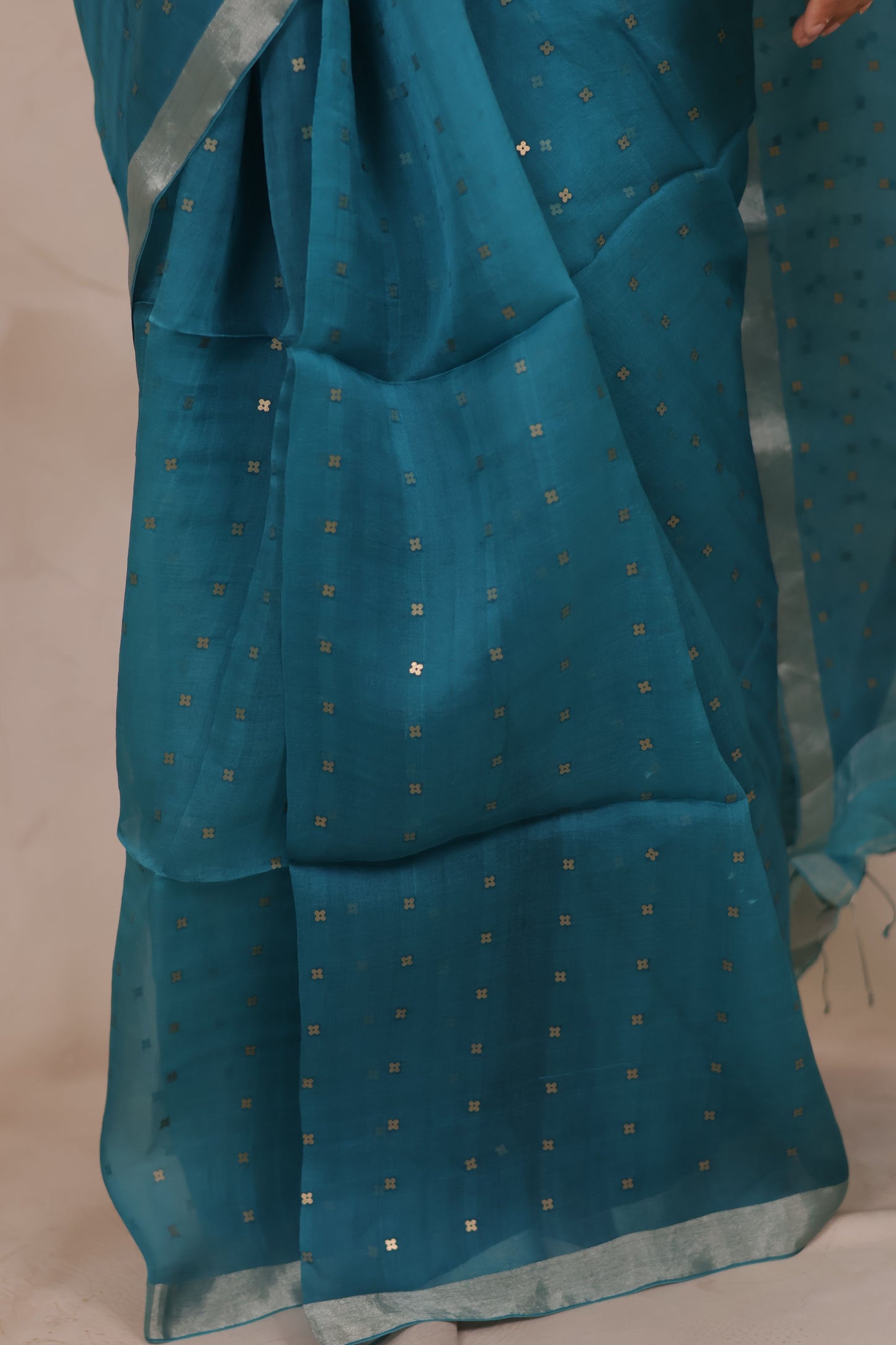 Teal Blue Handwoven Muslin Silk Saree With Sequence Work | Looms & Tassels