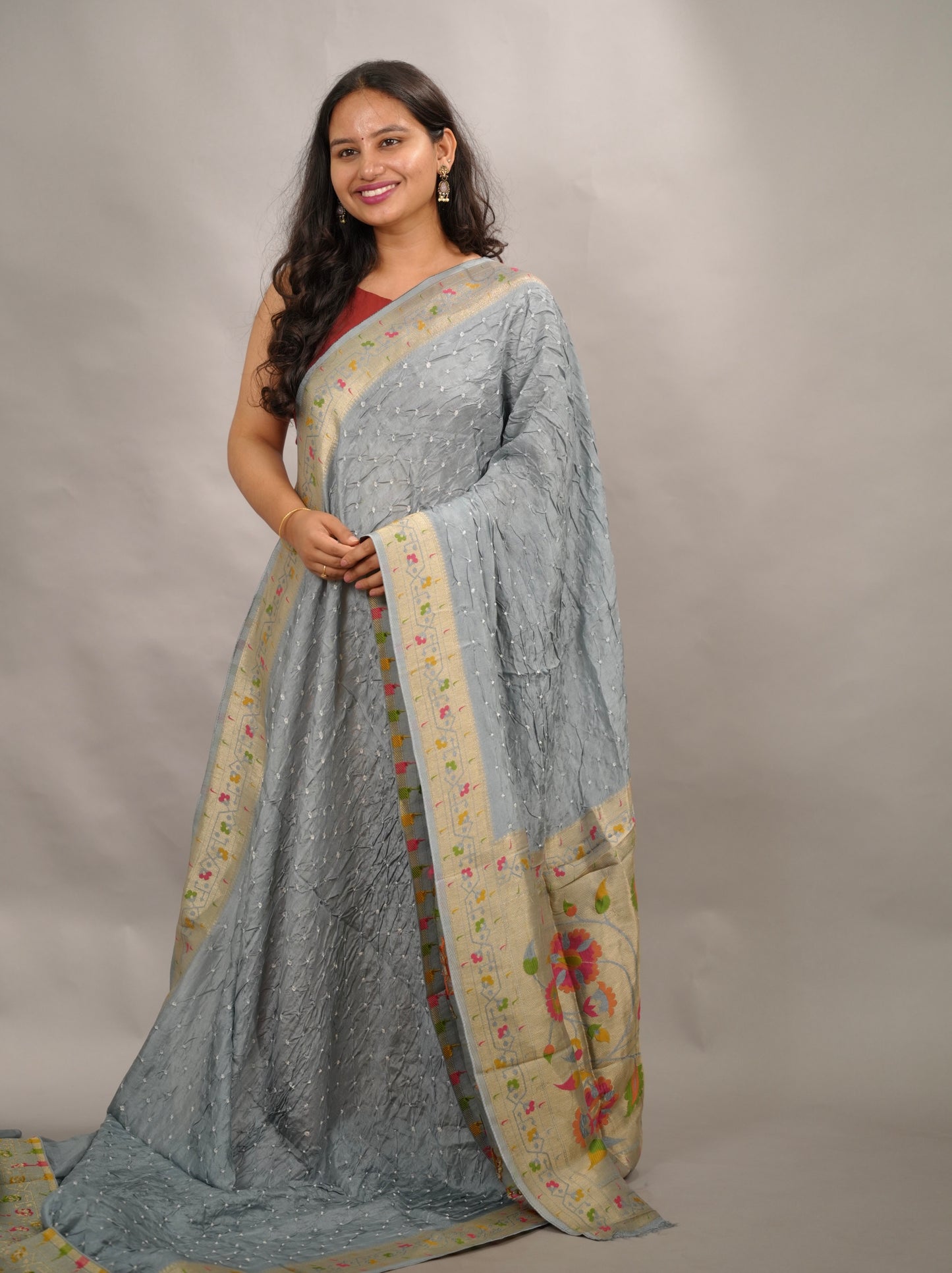 Gray Handcrafted Bandhani Paithani Dola Silk Saree | Looms & Tassels