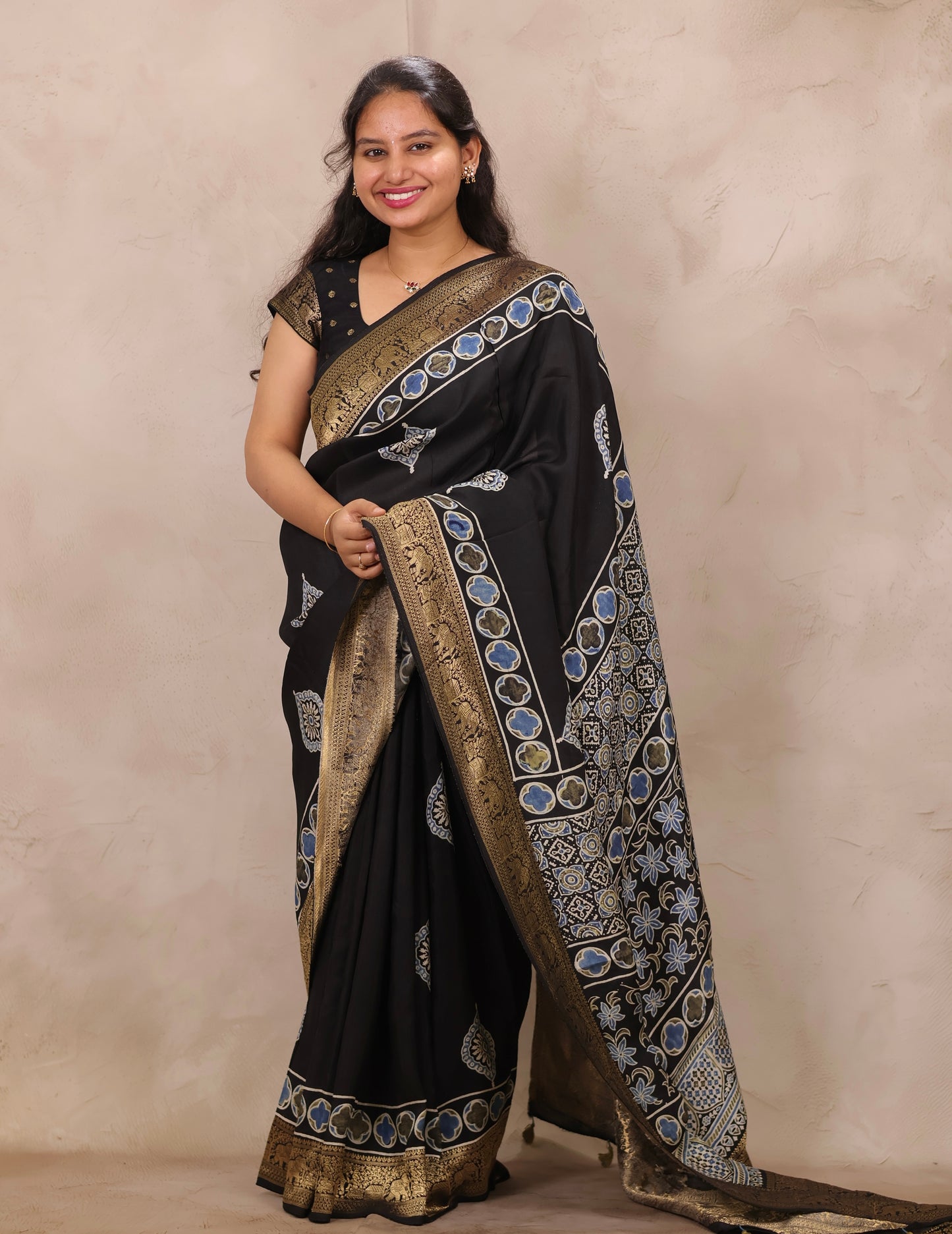Black Ajrakh Handblock printed Dola Silk Saree | Looms & Tassels