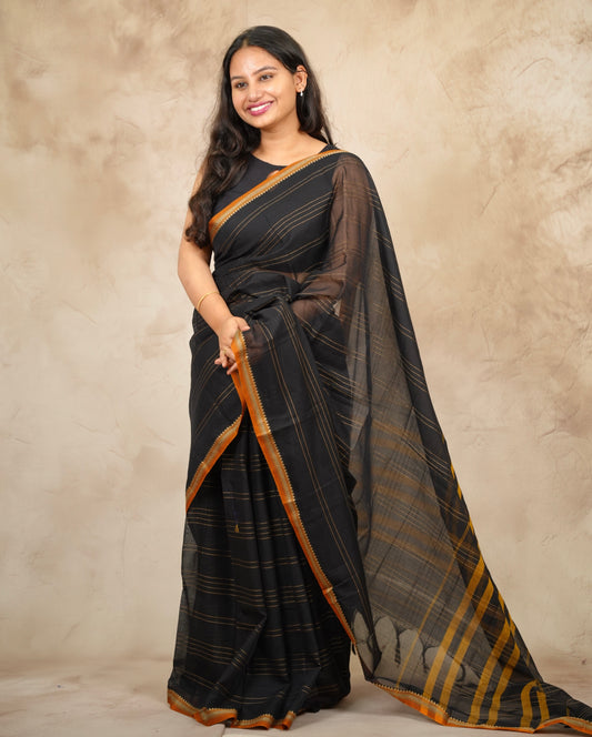 Black Narayanpet Cotton Saree lines weaving | Looms & Tassels