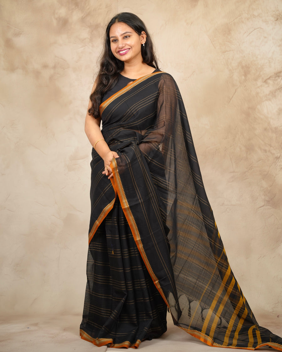Black Narayanpet Cotton Saree lines weaving | Looms & Tassels