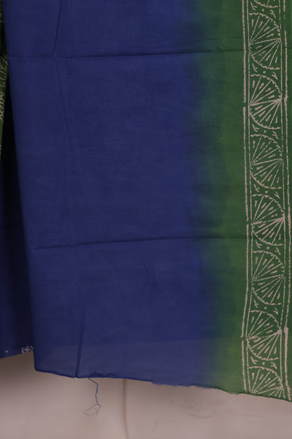 Green And Blue Bagru Handblock printed MulMul cotton saree