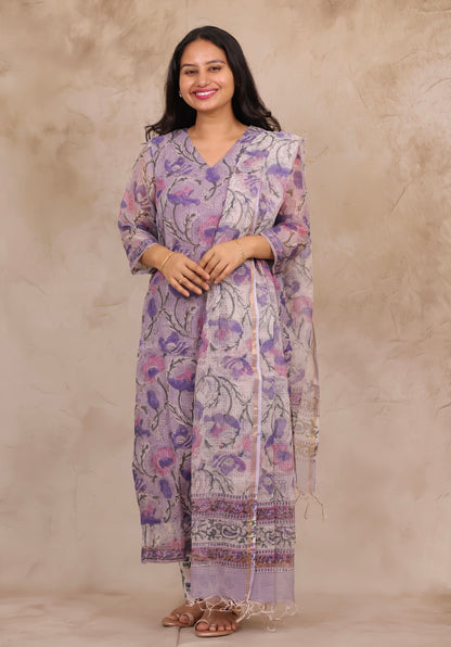 Lavender Handblock printed kota 3 piece suit (stitched)