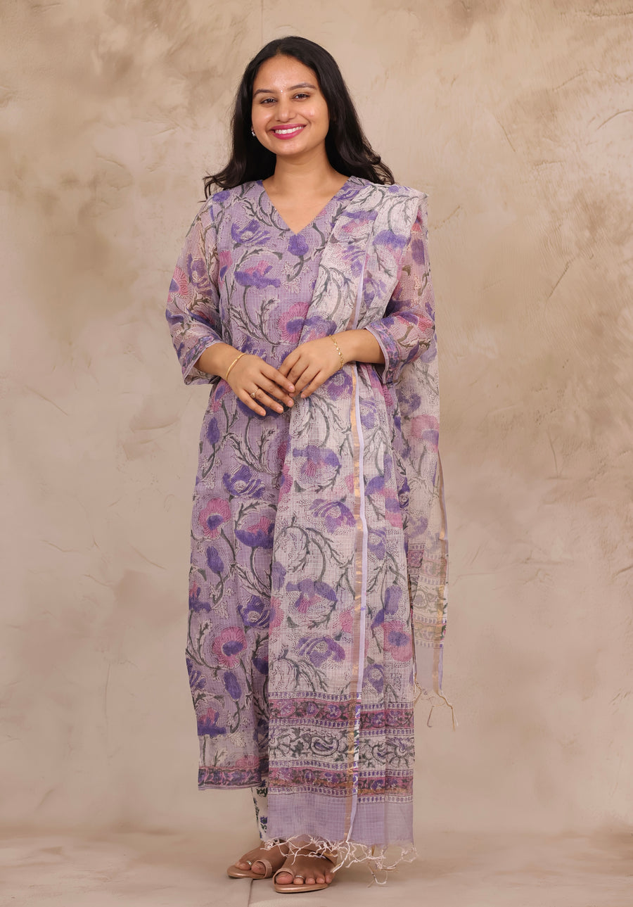 Lavender Handblock printed kota 3 piece suit (stitched)