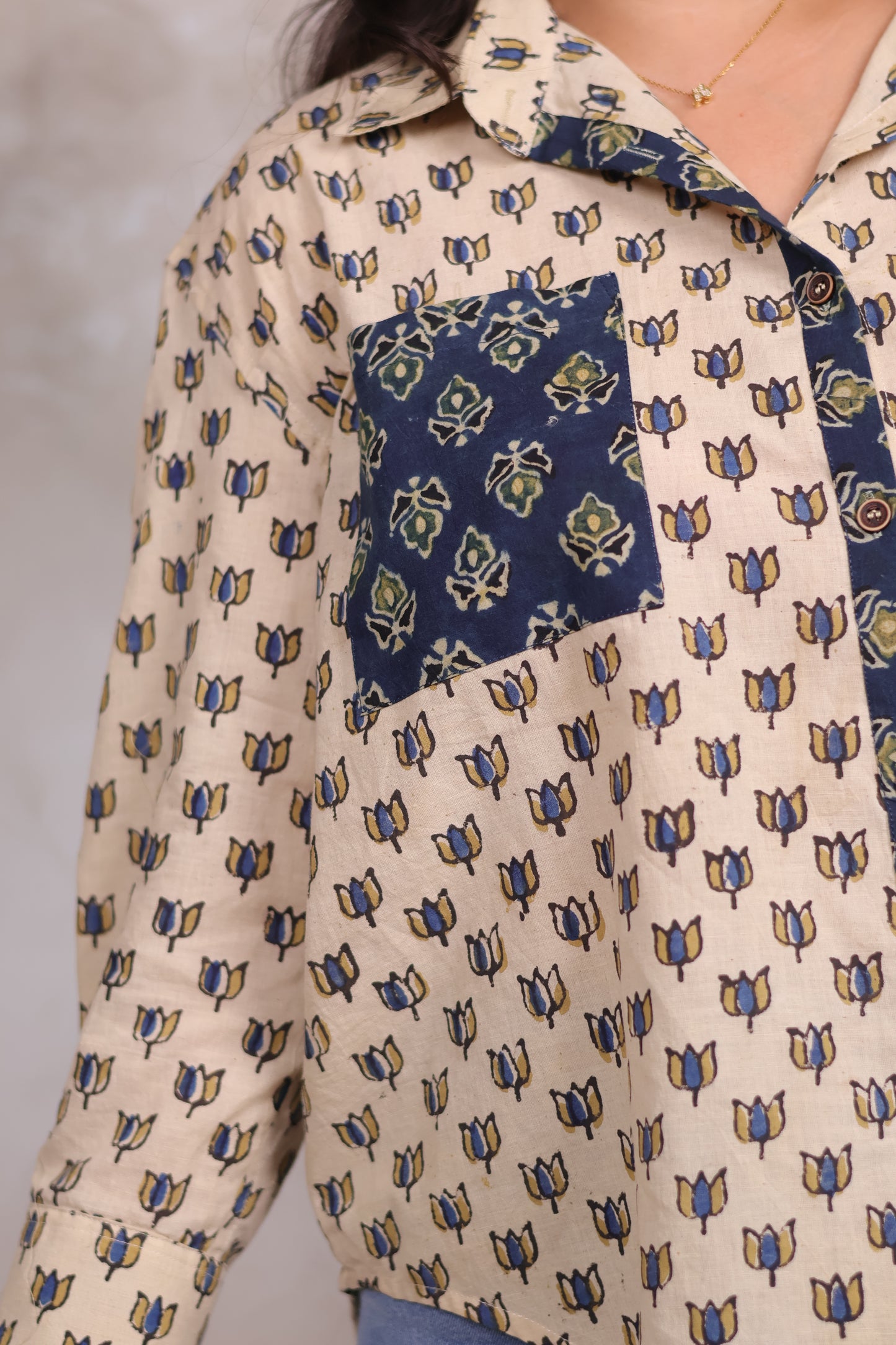 Cream Ajrakh Handblock Printed Patch Work Shirt (Pure Cotton ) | Looms & Tassels
