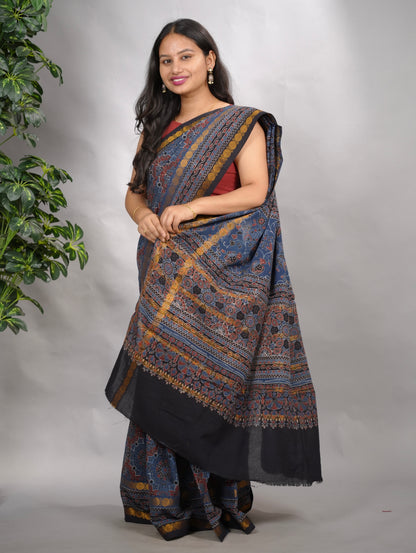 Indigo Ajrakh Hand Block Printed Sungudi Cotton Saree | Looms & Tassels