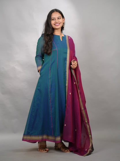 Rama Blue Narayanpet Cotton Anarkali Dress with Magenta Narayanpet Dupatta | Looms & Tassels
