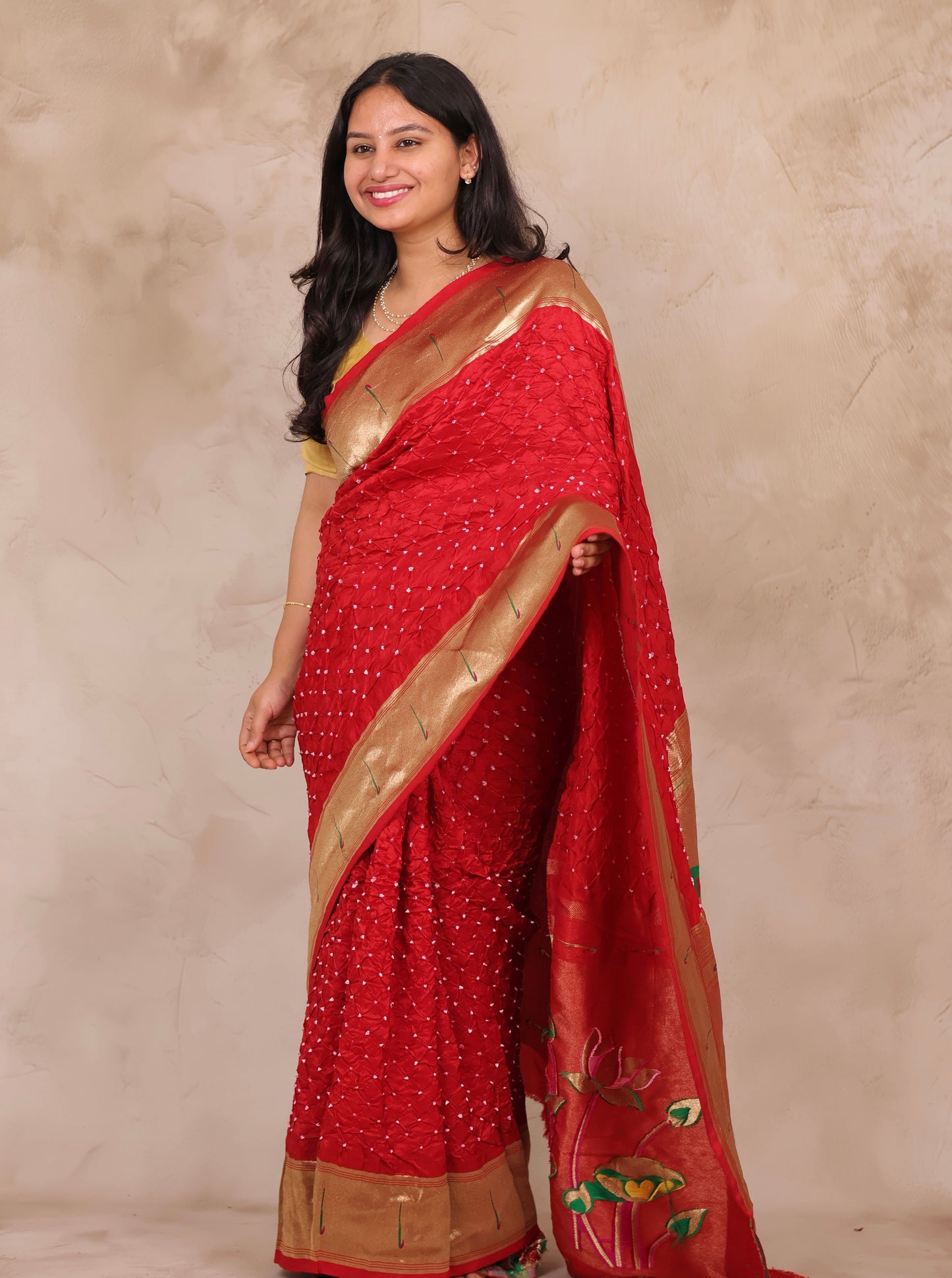 Red Handcrafted Bandhani Paithani Dola Silk Saree | Looms & Tassels