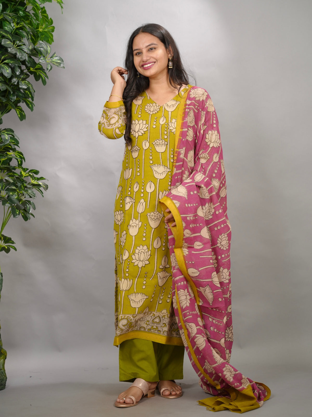 Lemon Green Kalamkari Kota Cotton 3 piece suit (stitched) | Looms & Tassels