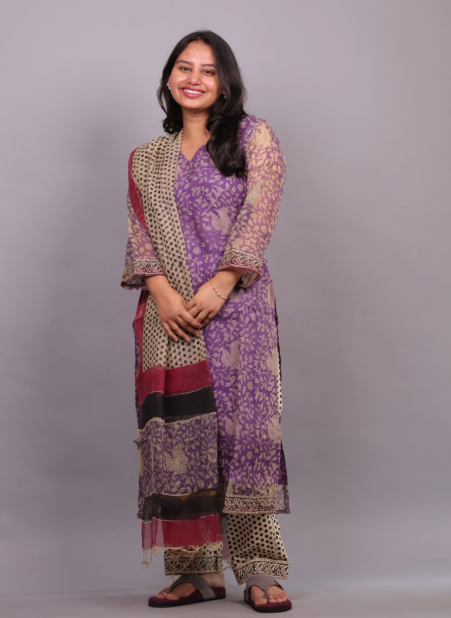 Lavender Handblock printed kota 3 piece suit (stitched)