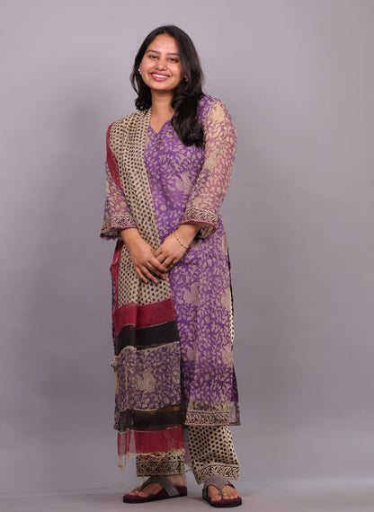 Lavender Handblock printed kota 3 piece suit (stitched)