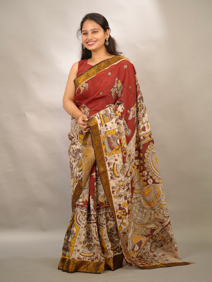 Maroon Kanchi border Kalamkari chennur silk saree | Looms & Tassels