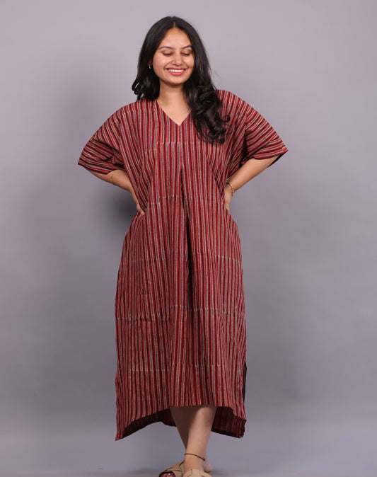 Red Ajrakh Handblock Printed Cotton Kaftan – Elegant & Breathable Ethnic Wear | Looms & Tassels