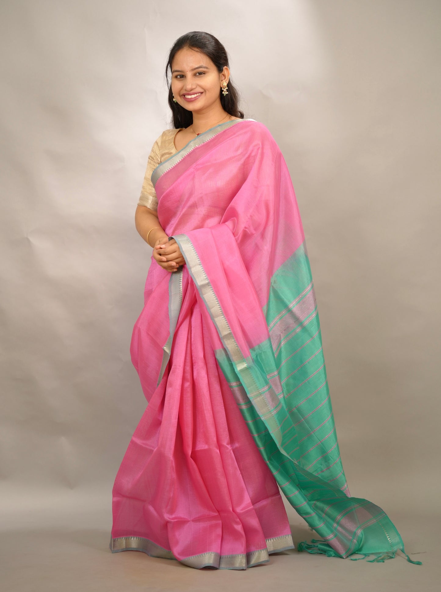 Baby Pink & Seagreen Handloom Mangalagiri Silk Saree| Looms & Tassels