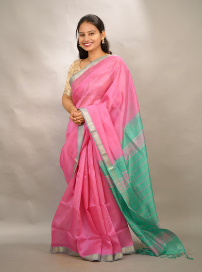 Baby Pink & Seagreen Handloom Mangalagiri Silk Saree| Looms & Tassels