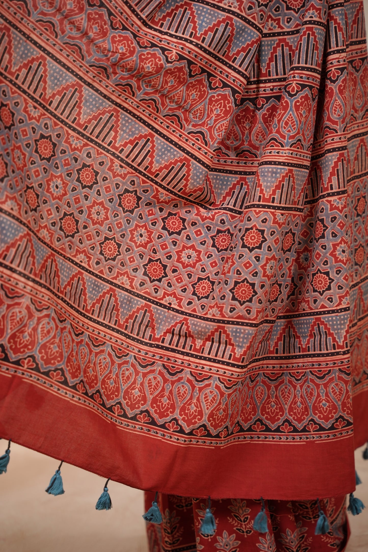 Red Ajrakh Hand Block Printed Cotton Saree | Looms & Tassels