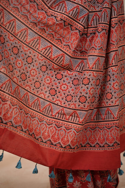 Red Ajrakh Hand Block Printed Cotton Saree | Looms & Tassels