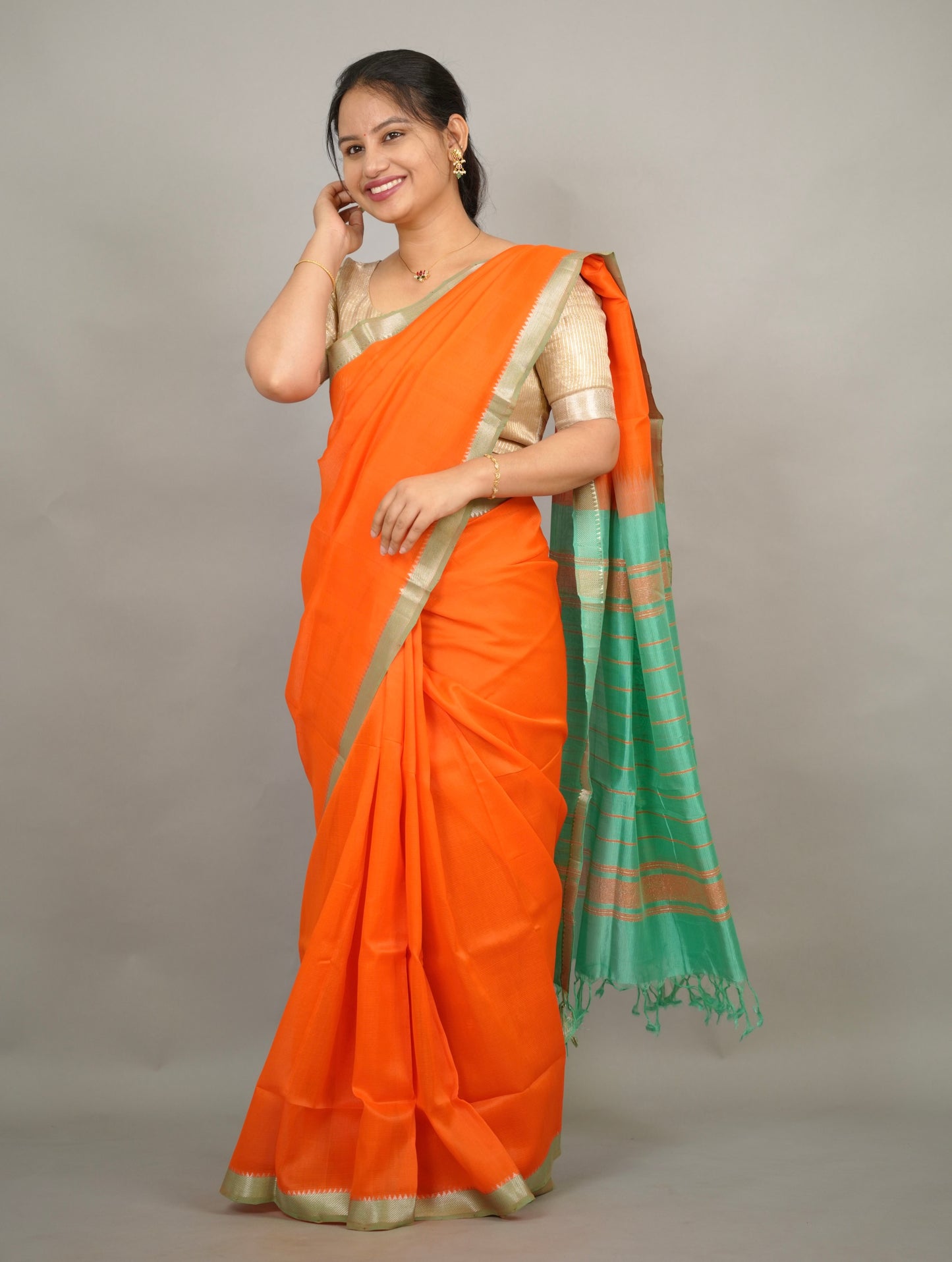 Orange Handloom Mangalagiri Silk Saree| Looms & Tassels