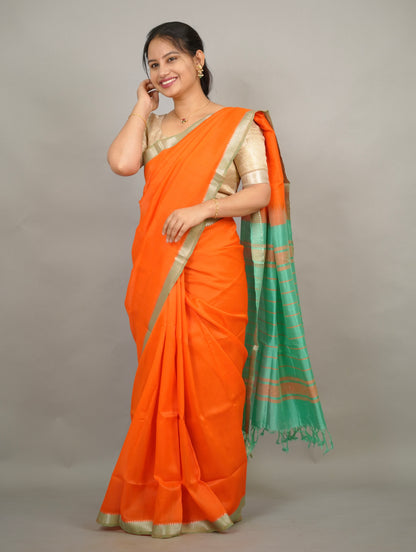 Orange Handloom Mangalagiri Silk Saree| Looms & Tassels