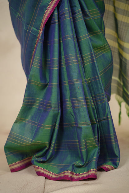 Green Duel Tone Narayanpet Cotton Saree lines weaving | Looms & Tassels