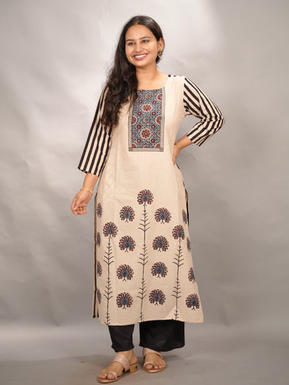 Cream Ajrakh Pattern Hand Block printed Kurti | Looms & Tassels