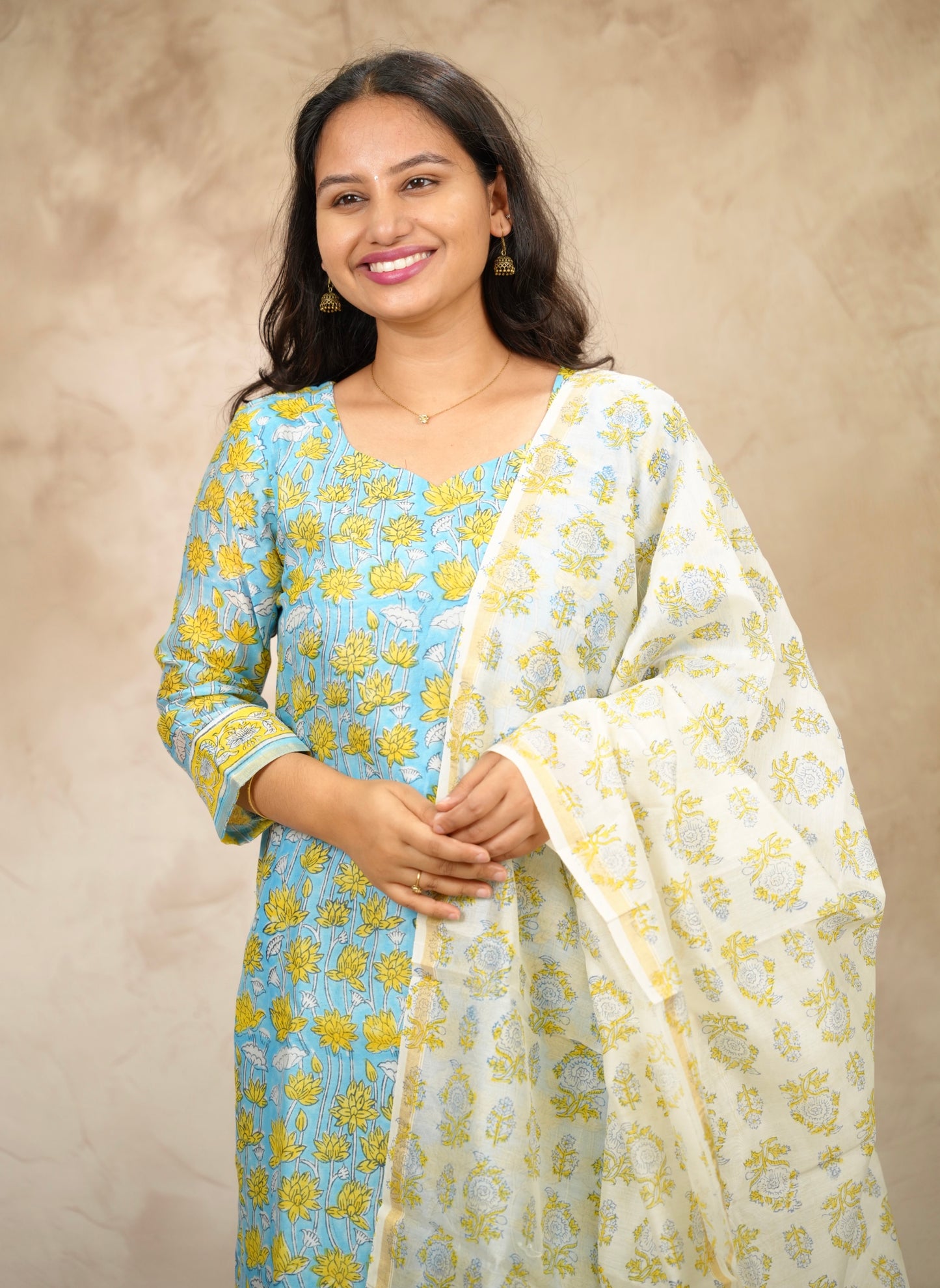 Powder Blue Handblock printed Pure Chenderi Silk 3 piece suit (stitched) |  Looms & Tassels