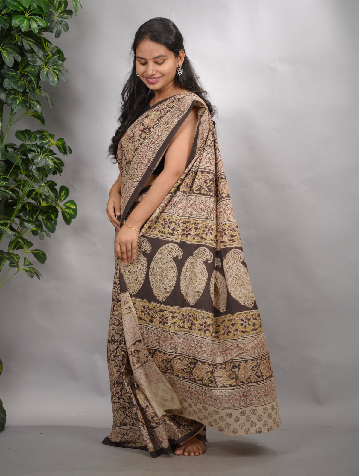 Grey Hand Block Printed Kalamkari Cotton Saree | Looms & Tassels