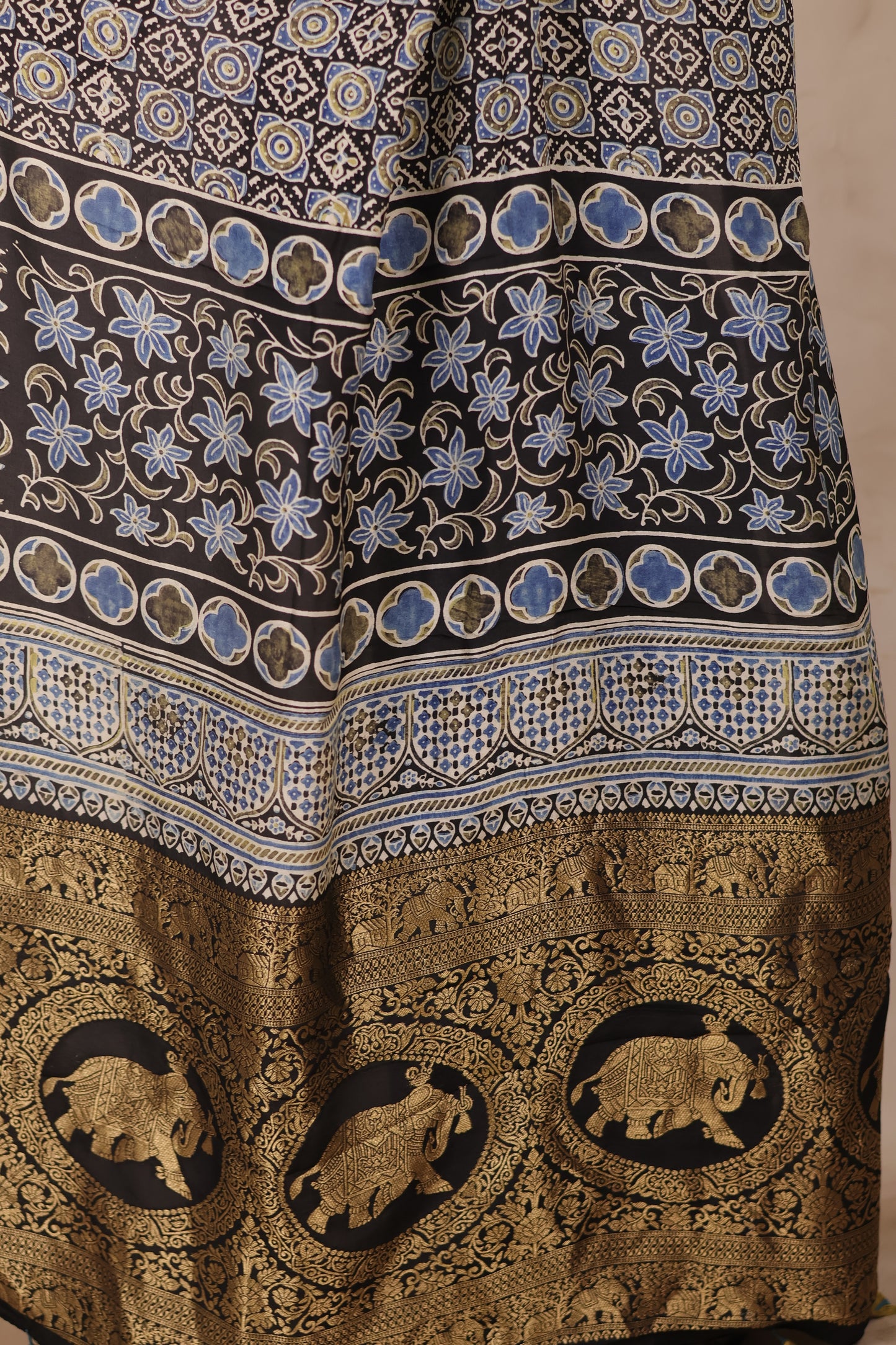 Black Ajrakh Handblock printed Dola Silk Saree | Looms & Tassels