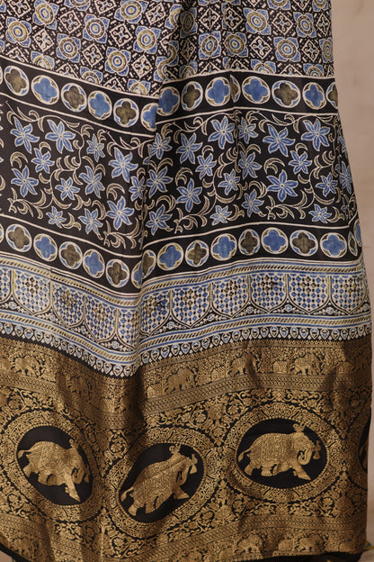 Black Ajrakh Handblock printed Dola Silk Saree | Looms & Tassels