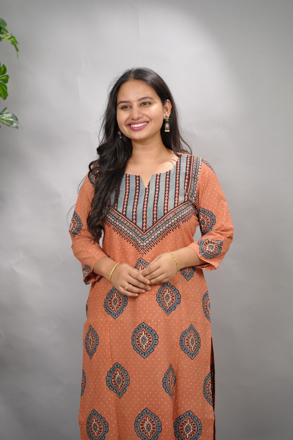 Peach Ajrakh Pattern Hand Block printed Kurti | Looms & Tassels