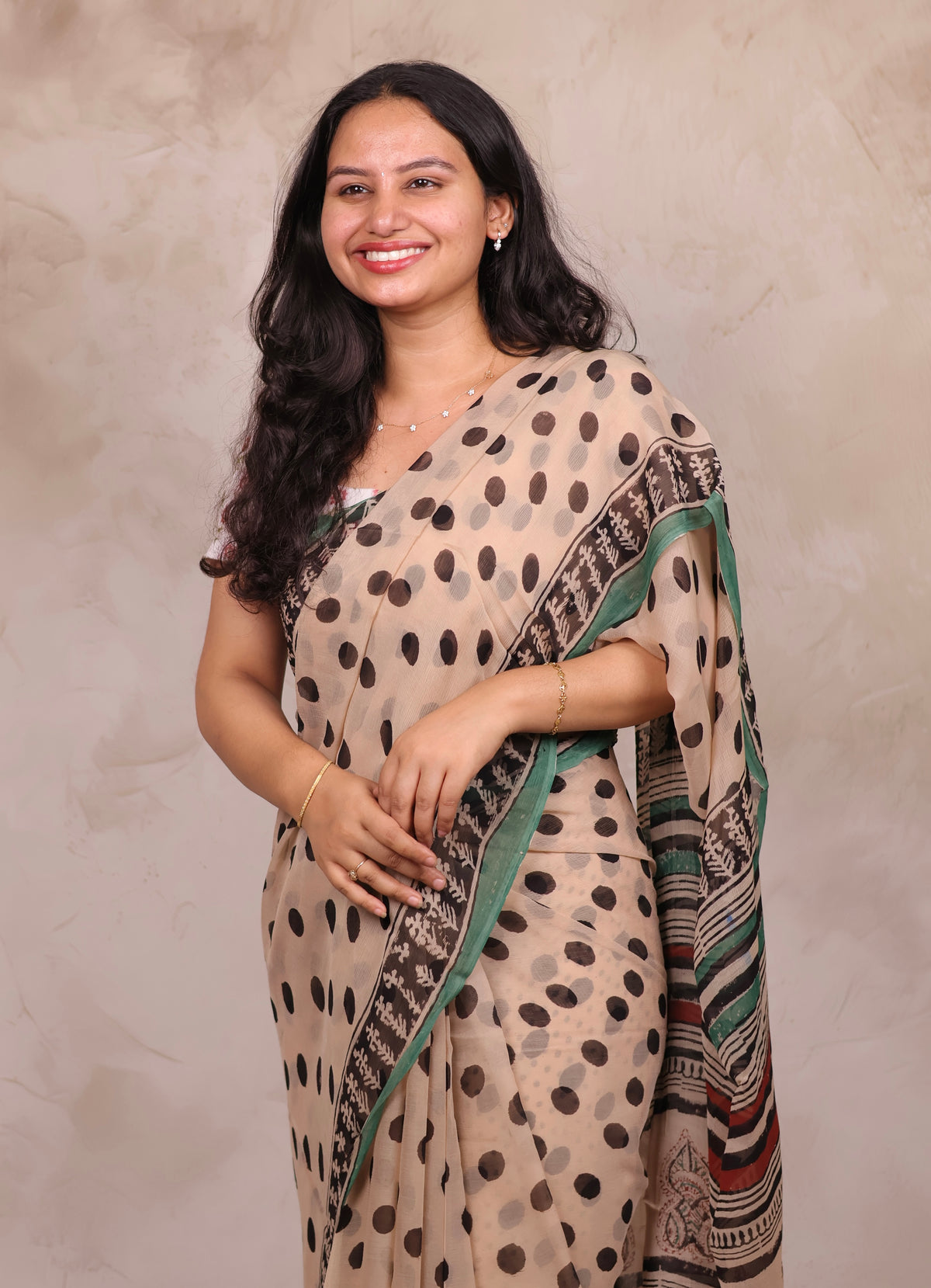 Cream Chiffon Hand Block Printed Saree | Looms & Tassels
