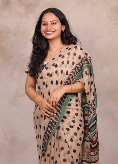 Cream Chiffon Hand Block Printed Saree | Looms & Tassels
