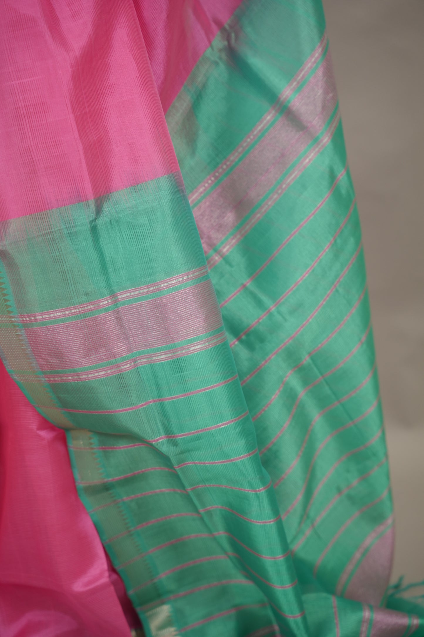 Baby Pink & Seagreen Handloom Mangalagiri Silk Saree| Looms & Tassels