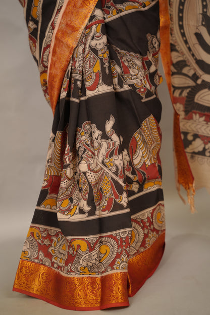 Black Kanchi border Kalamkari chennur silk saree | Looms & Tassels