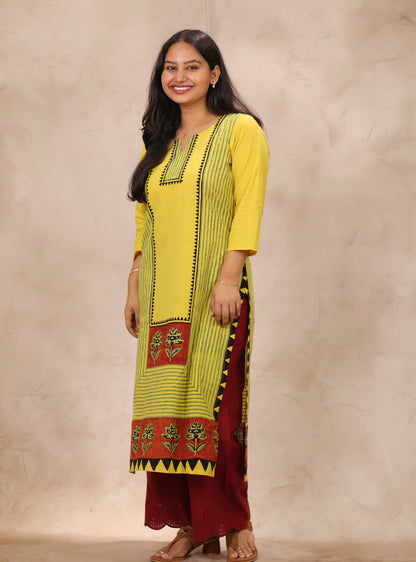 Yellow Pattern Ajrakh Hand Block Cotton printed Kurti | Looms & Tassels