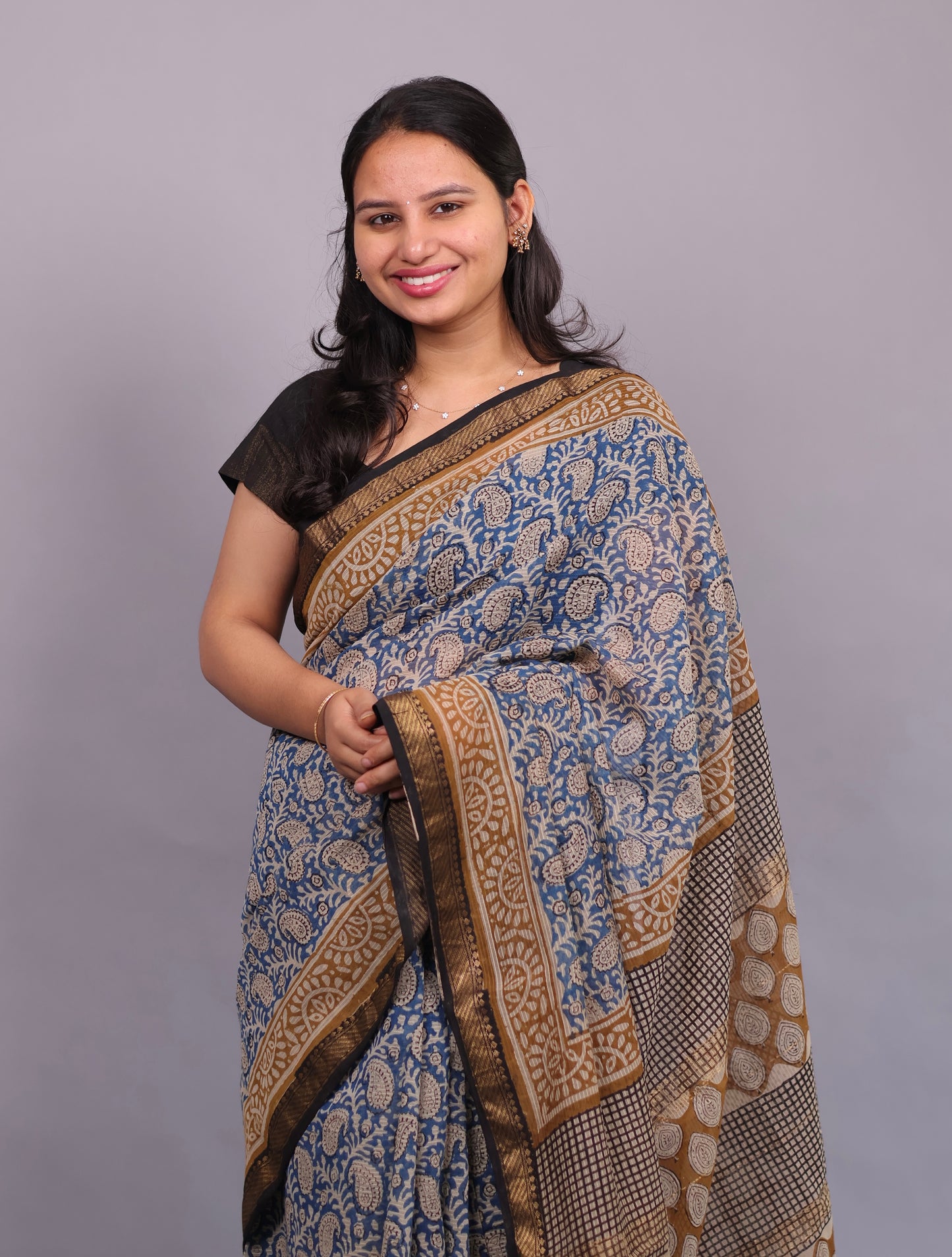 Blue Bagru Hand Block Printed Maheswari Silk Cotton Saree