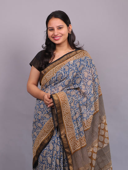 Blue Bagru Hand Block Printed Maheswari Silk Cotton Saree