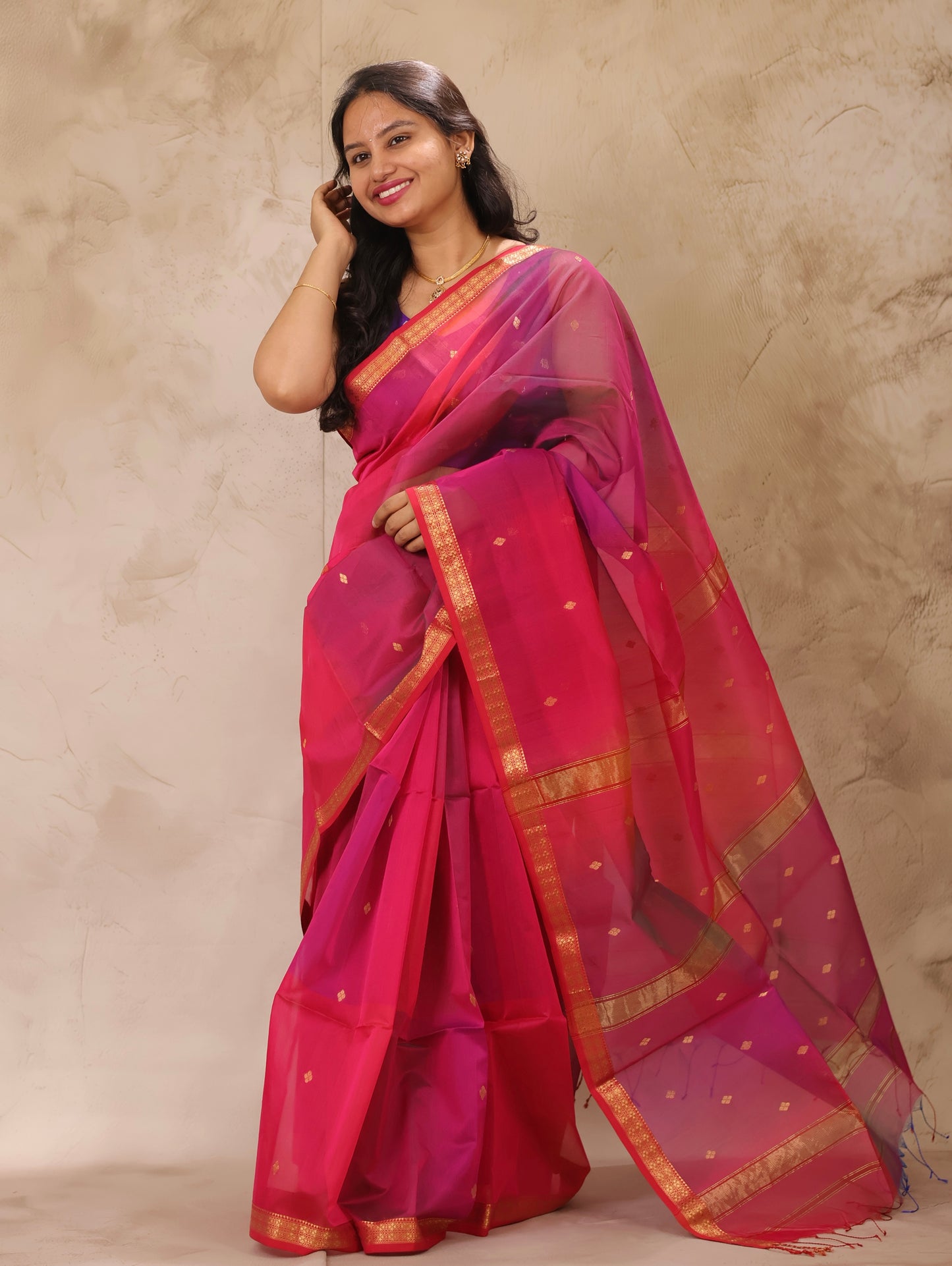Pink Dual Tone Handloom Maheswari Silk Cotton Sarees | Looms & Tassels