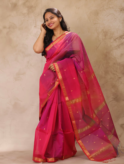 Pink Dual Tone Handloom Maheswari Silk Cotton Sarees | Looms & Tassels