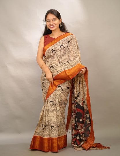 Cream Outline Kanchi border Kalamkari Chennur Silk Saree | Looms & Tassels